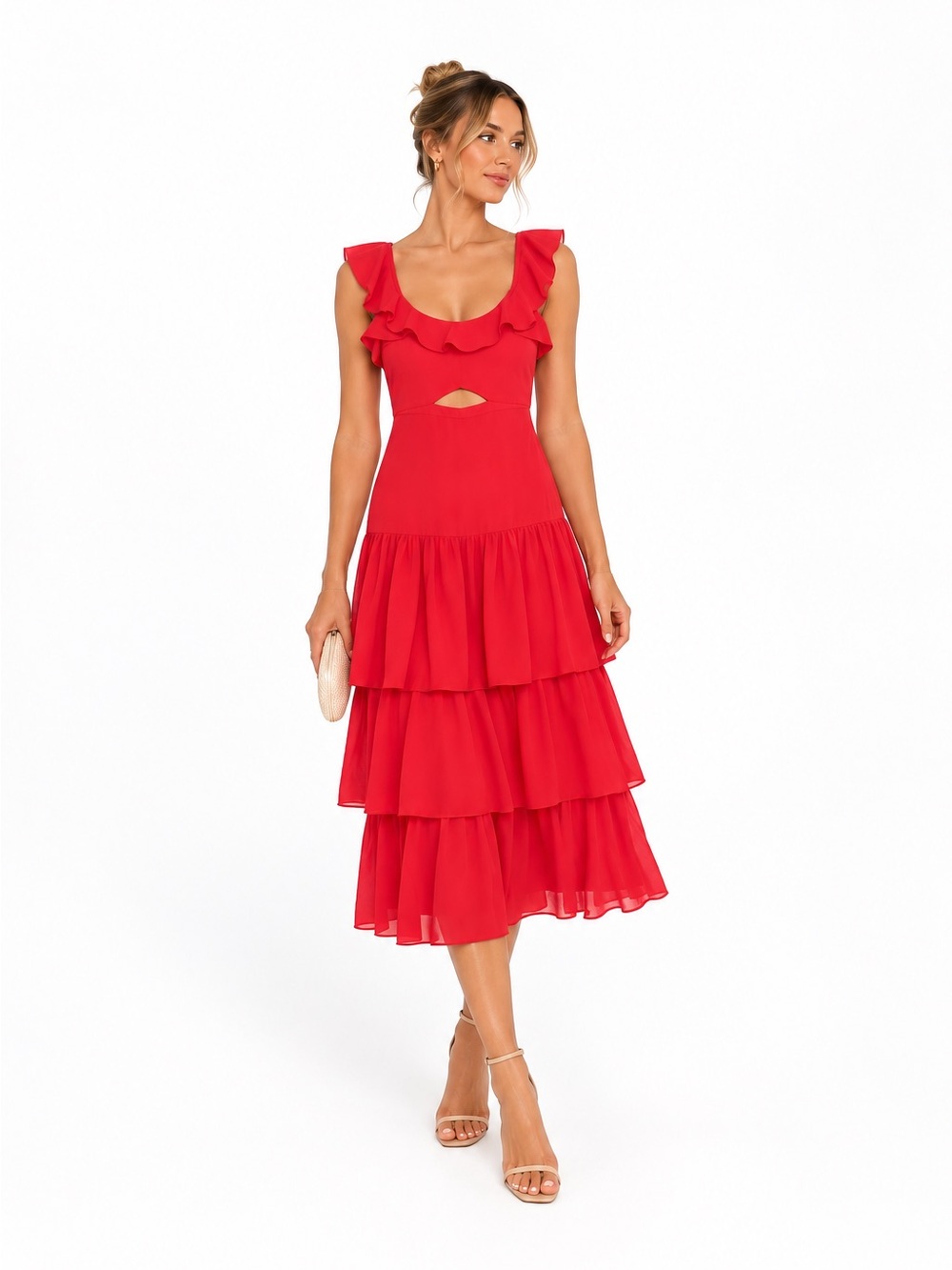 LIKELY Ruffle Tiered Midi Dress – Red | Size 0 | NWT